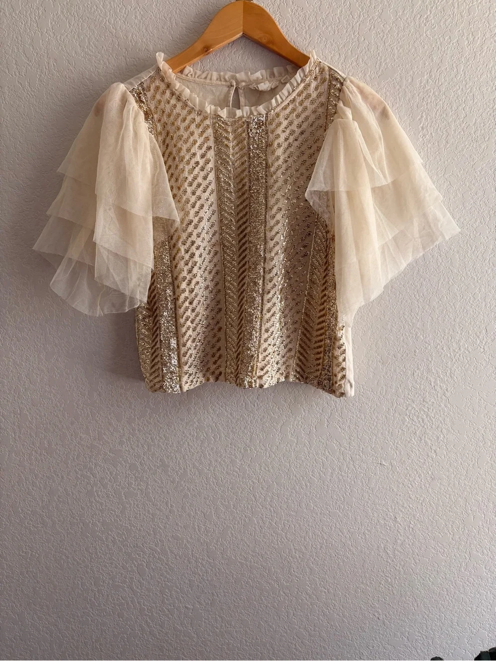 Anthropologie Let It Be Sequined Embroidered Puff-Sleeve Blouse Size xs